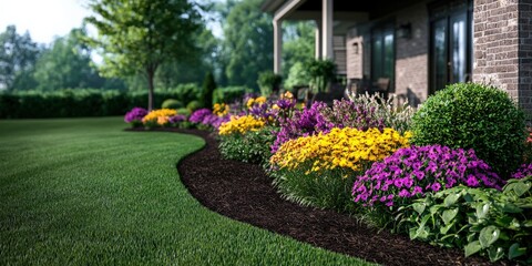 Vibrant Flower Garden with Colorful Blooms and Lush Green Lawn near Cozy Cottage