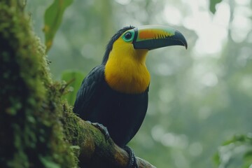 Obraz premium Colorful toucan perches on a branch in a lush rainforest during early morning light