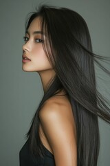 Naklejka premium Woman with long dark hair, profile view, grey backdrop.