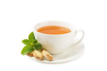 Cup of hot ginger tea with slices of ginger root isolated on white background. Warming drink. Alternative medicine. Tea with honey, lemon, ginger and mint.