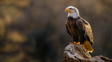 Fototapeta premium A determined eagle perched on a jagged rock, its sharp gaze fixed forward, symbolizing focus and ambition