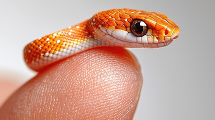 Fototapeta premium Close-up of a vibrant orange snake perched on a human finger against a soft background