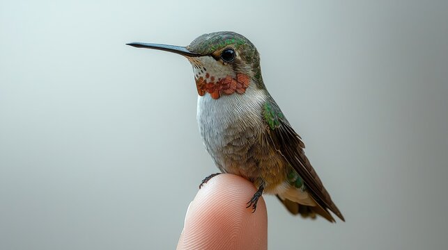 Close-up of a hummingbird perched on a finger, showcasing its vibrant feathers and delicate features - Powered by Adobe