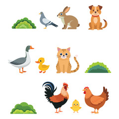 Naklejka premium bush, pigeon, rabbit, dog, duck, swan, cat, grass, rooster, chicken with white background