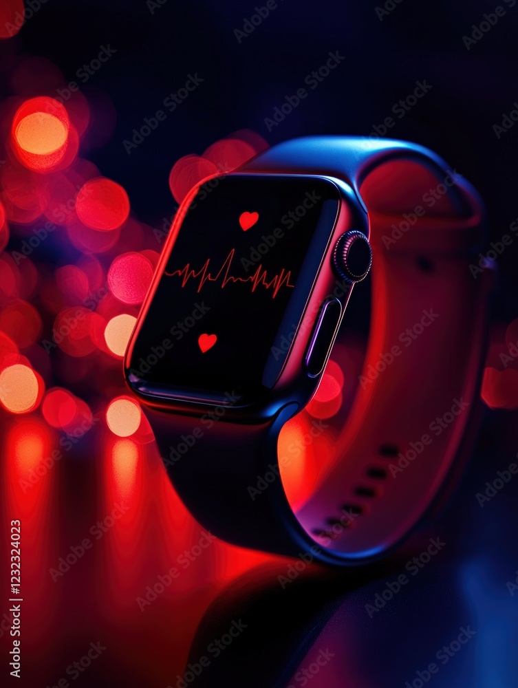 Poster smartwatch displaying heartbeat monitor with abstract colorful bokeh background