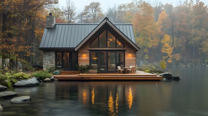Peaceful lakefront A-frame house with a steel roof, wooden facade, and a small wooden dock leading into the water