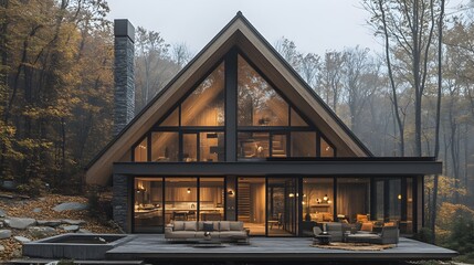 Obraz premium Majestic A-frame lodge with a sharp steel roof, deep wooden tones, floor-to-ceiling windows revealing a cozy interior