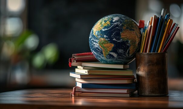 Globe on books with colored pencils, classroom setting, back to school, educational image