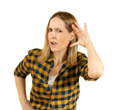 Young woman over isolated transparent background listening to something by putting hand on the ear. PNG transparent