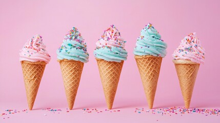 Pastel ice cream cones with colorful sprinkles