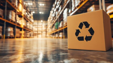 Cardboard box with recycling symbol in distribution warehouse
