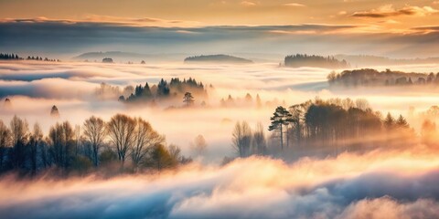Fototapeta premium Dense fog with mist and dry ice smoke envelops a serene landscape , mist, clouds, mist, clouds, dry ice, calm
