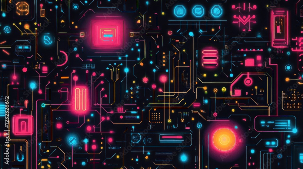 Poster abstract digital circuit board with glowing neon lines and components.