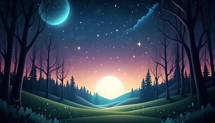 Serene Nighttime Forest Landscape Under Moonlit Sky