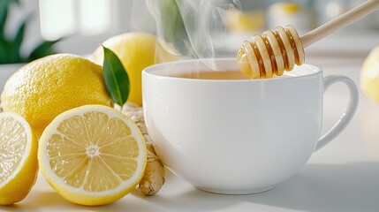 Cozy Cup of Herbal Tea with Honey, Fresh Lemons, and Ginger on Bright Kitchen Table