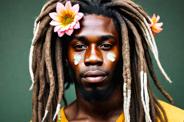 Portrait of an African-American man with dreadlocks and flowers in his hair. Spring and summer concepts. Fabulous, spiritual mood.
