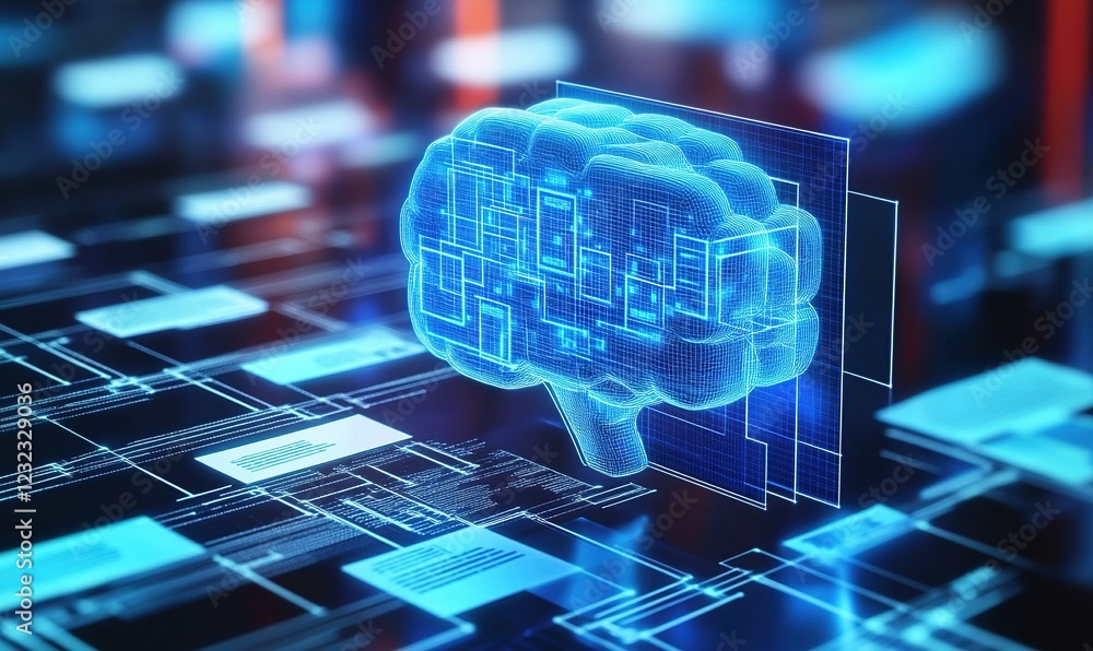 Poster holographic brain with circuit board background, symbolizing ai and machine learning technology