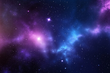 A geometric cosmic abstraction, featuring overlapping black and purple shapes with radiant blue gradients. Crisp white stars punctuate the design, creating a vibrant, celestial scene. The sharp vector