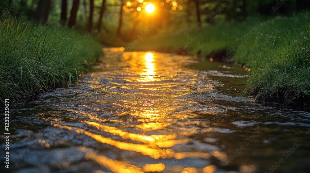 Poster sunset reflecting on a flowing stream in a forest.