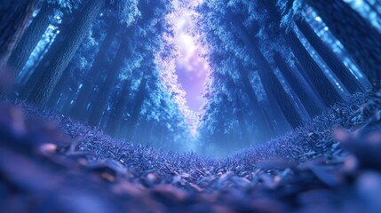 Mystical blue forest path, sunrise, fantasy, artwork