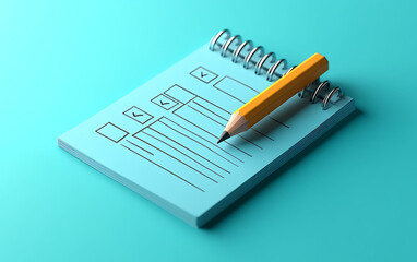3D icon of a checklist with a pencil, cute minimalistic design, isometric view, soft lighting, high-quality render.