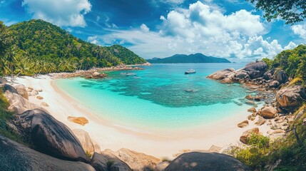 Fototapeta premium Panoramic view of a tropical coastline with crystal-clear turquoise waters, bright white sands, and vibrant palm trees
