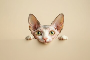 adorable young hairless sphynx cat with playful eyes peeking out on beige background with copy space