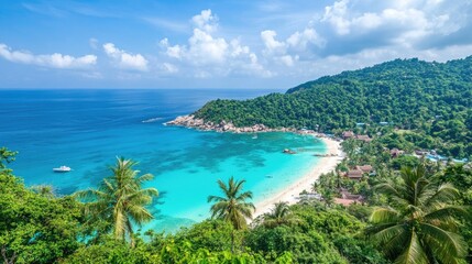 Scenic tropical island with vibrant turquoise water, powdery white sand, and palm trees under a clear, sunny blue sky