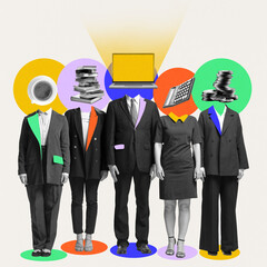 Conceptual art design. Group of business professionals standing in line with heads replaced by...