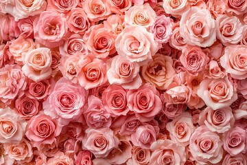 Fototapeta premium luxury romantic valentines day floral texture top view many pink roses flowers background