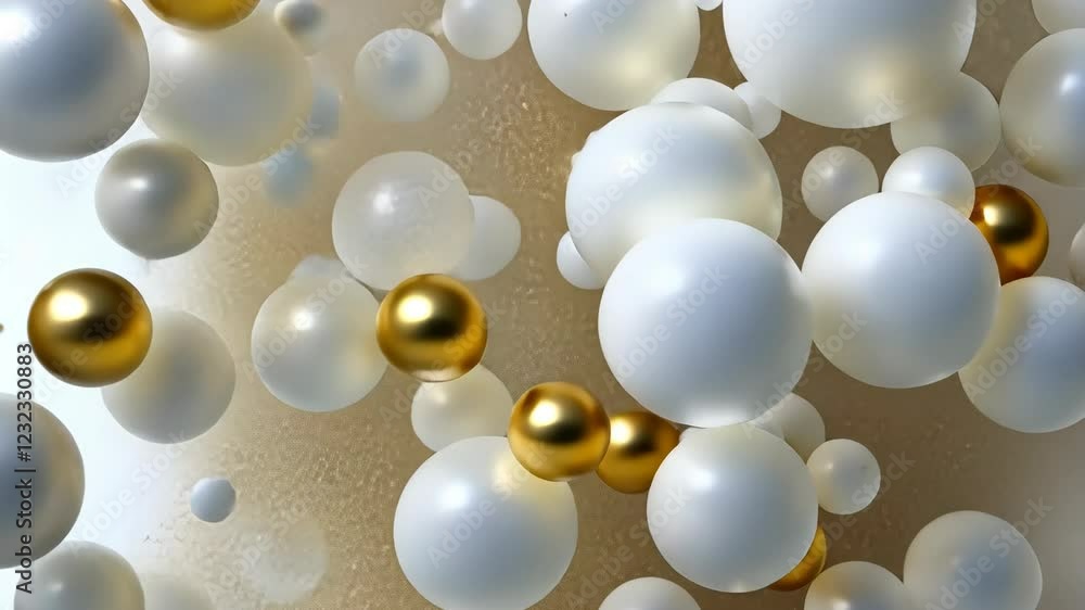 Poster white and gold spheres float against a soft backdrop, creating a captivating display of depth and mo