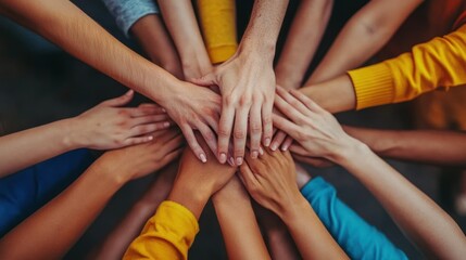 Success of team concept, Top view hands of Business teamwork join hands together in office, Generative Ai