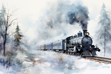 Fototapeta premium watercolor painting retro steam locomotive through a snowy winter forest with fir tree