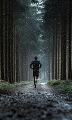 Man trail running in snowy forest