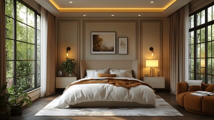 Fototapeta premium Tiny elegant bedroom in 3D isometric, soft neutral colors, stylish decor, warm cozy lighting