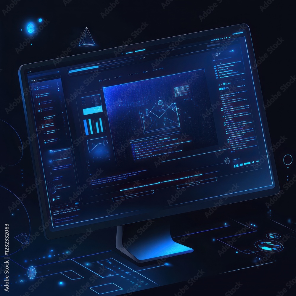 Poster monitor displays ui in a dark setting, used for data visualization