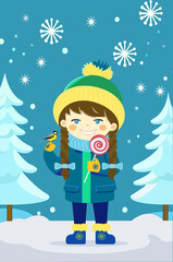 girl with christmas candy cane in one hand and titmouse sitting on the other hand against snowy fir trees and snowfall