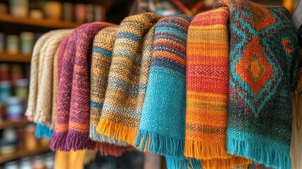 Colorful Handwoven Scarves Displayed in a Cozy Shop Setting