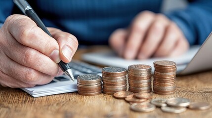 Close up view of person s hands using a calculator and writing on financial documents and paperwork placed on a wooden office desk  Concept of financial accounting business management