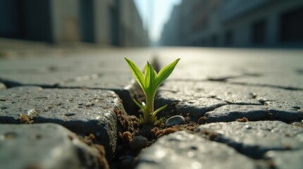 Vibrant green sprout breaks through cracked concrete in a city environment