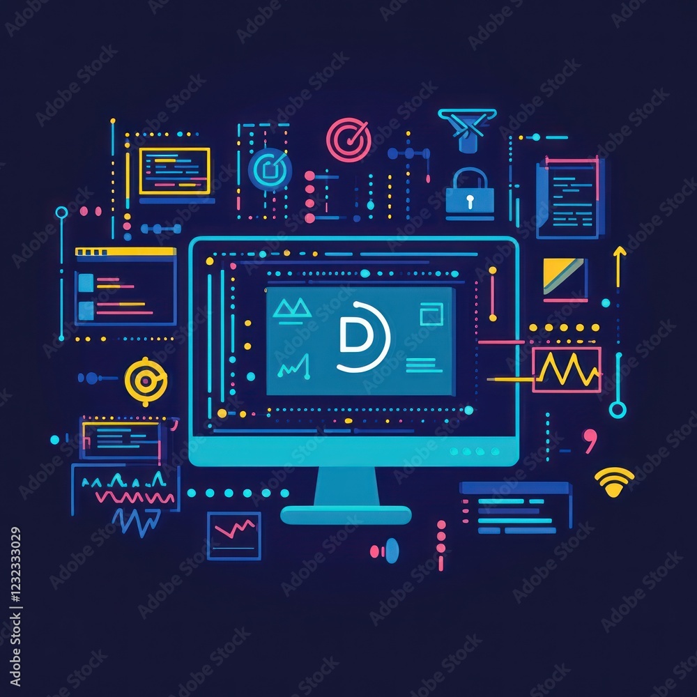 Poster computer monitor display with infographic icons on a dark background, possibly used for tech