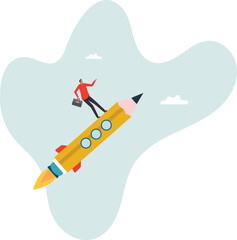 Fototapeta premium Pencil rocket as education, creativity or fun idea, imagination or creative freedom,business concept.flat character.