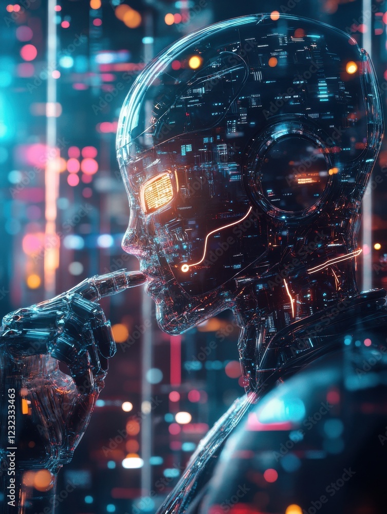 Poster intelligent ai chatbot engaging with users in a modern, sleek virtual space, highlighted by bright, 