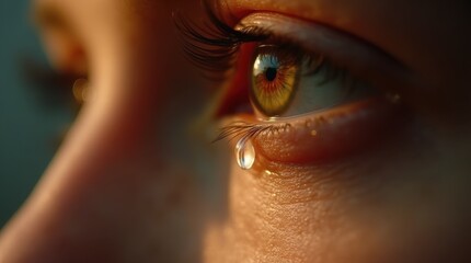 Close-up of an eye revealing the intricate texture of skin and eyelashes with a single tear capturing intense emotion and vulnerability
