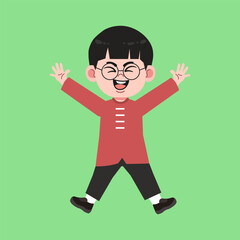 Cute Glasses Chinese Boy with Black Hair cartoon jump happy