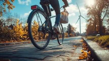 Person Riding Bicycle on a Sunny Day with Scenic Wind Turbines