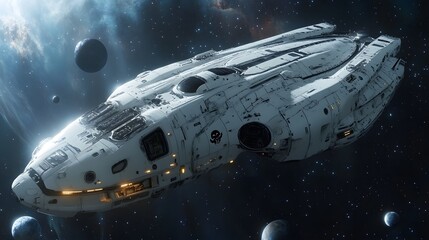 Futuristic humpback whaleshaped spaceship covered in wear and repair marked with a black skull logo crossing a starfilled galaxy Planets float nearby highlighting the vastness of space
