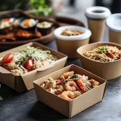 Assorted takeout meals in eco-friendly containers on a table.