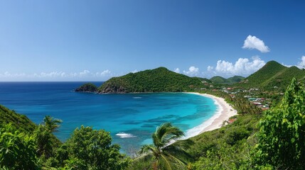 A panoramic view of a tropical island paradise with turquoise waves, white sand, and swaying palms under a vivid, sunny sky