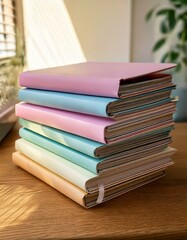 stacked pile of pastel-colored notebooks on a desk- 